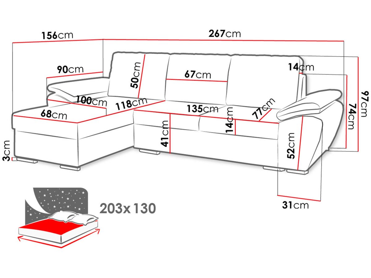 Divano letto angolare sinistro "Enzo" + cassettone - 3 posti - 267 x 156 x 97 cm - Grigio Bianco