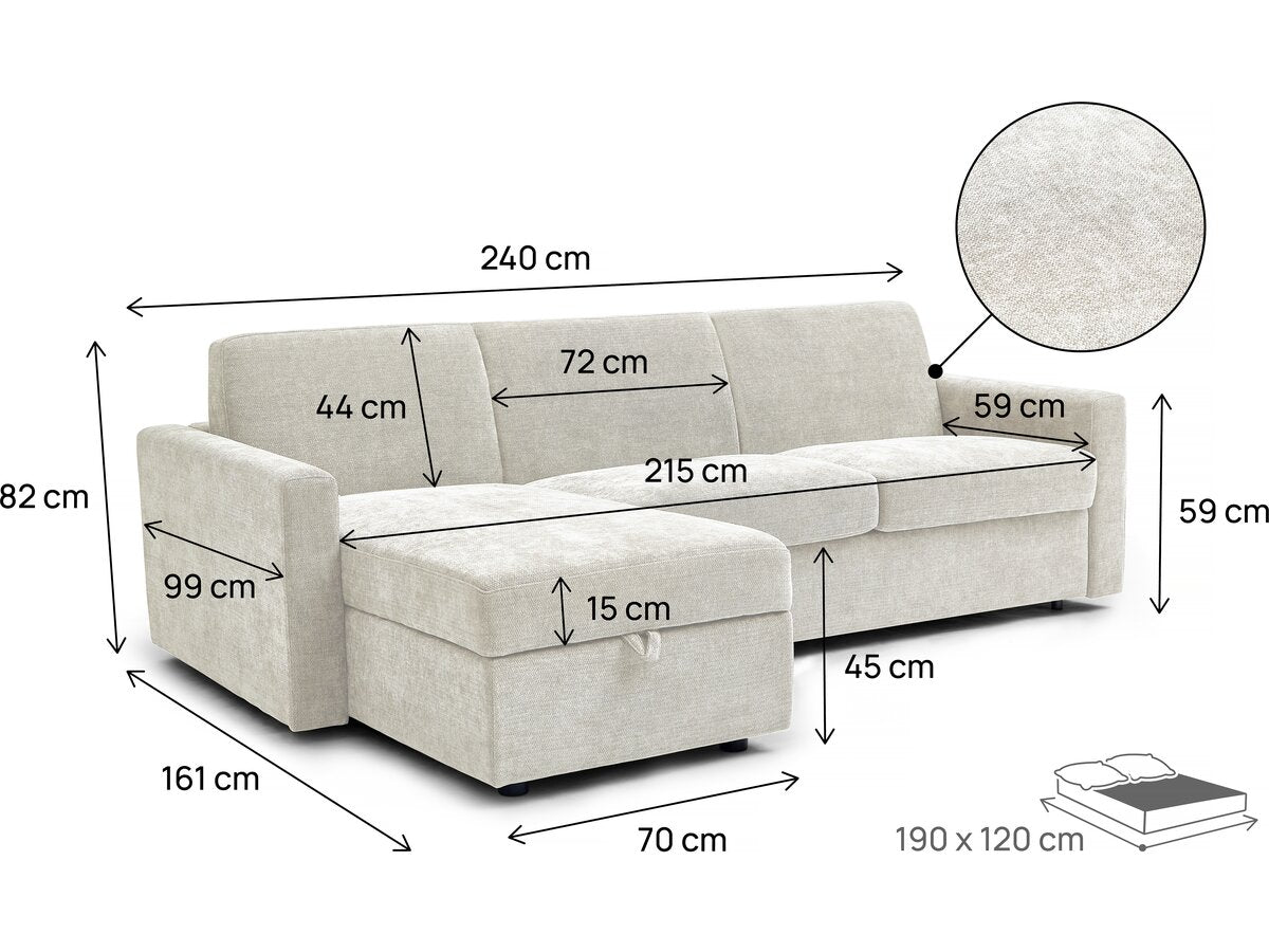 Divano letto angolare reversibile "Celia" con meccanismo trasformabile express in tessuto - 3 posti - Beige