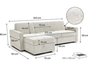 Divano letto angolare reversibile "Celia" con meccanismo trasformabile express in tessuto - 3 posti - Beige