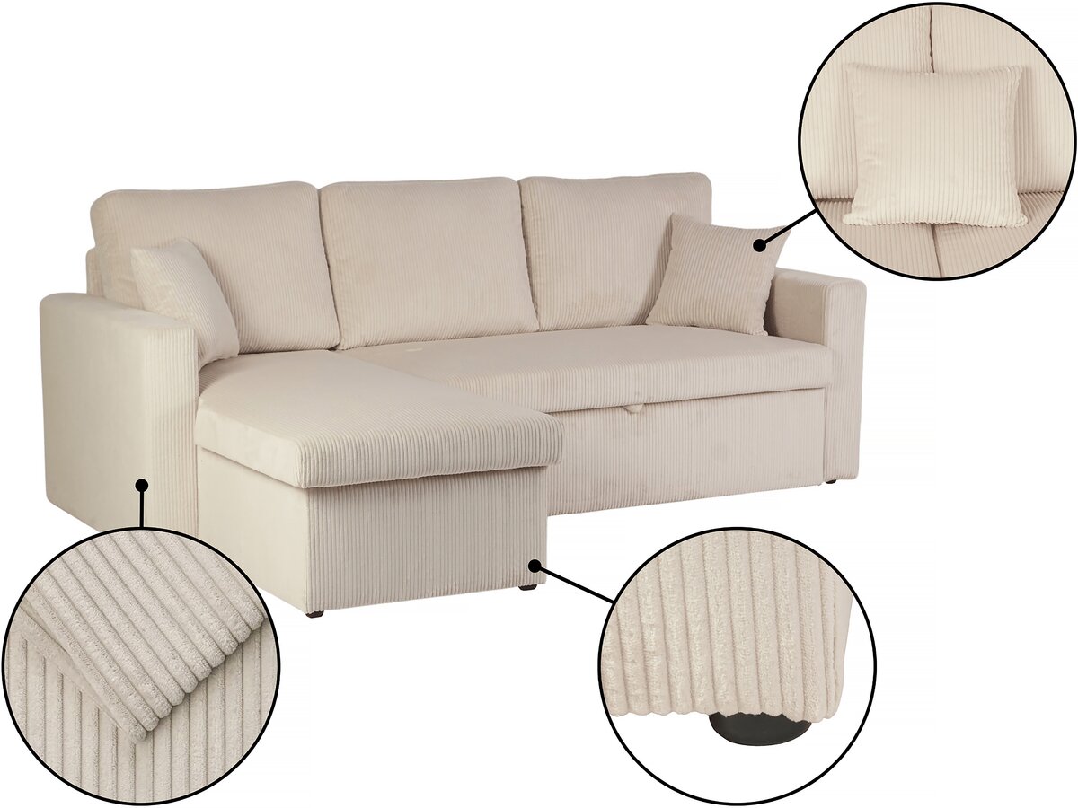 Divano angolare trasformabile/reversibile a 3 posti "Alain II" in velluto lavorato a maglia con fodera - Beige