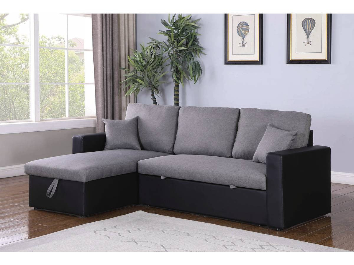 Divano ad angolo trasformabile con contenitore "Alain" - 221 x 145 x 85 cm - 3 posti a sedere - Grigio / Nero