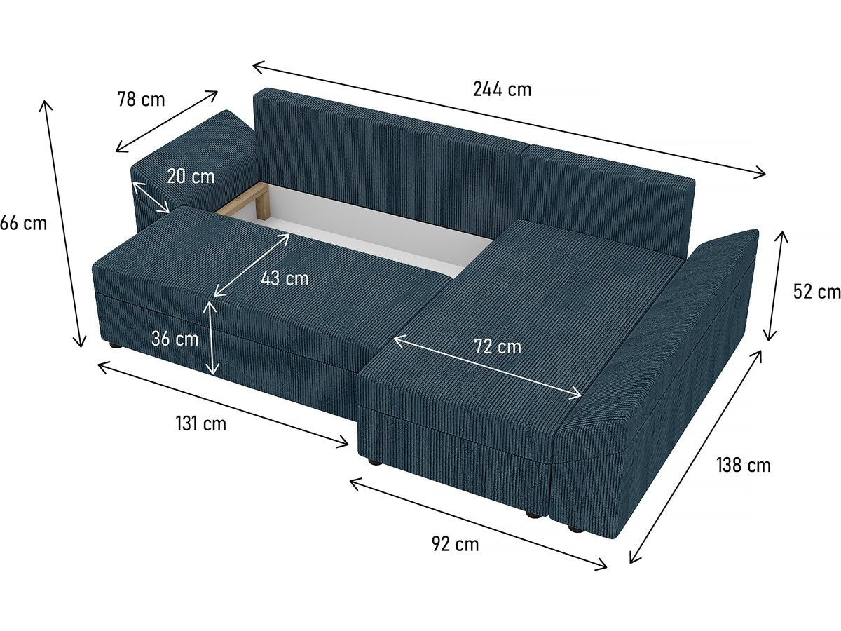 Divano angolare trasformabile con cassapanca "Vaugirard" in velluto a coste - 3 posti - Blu