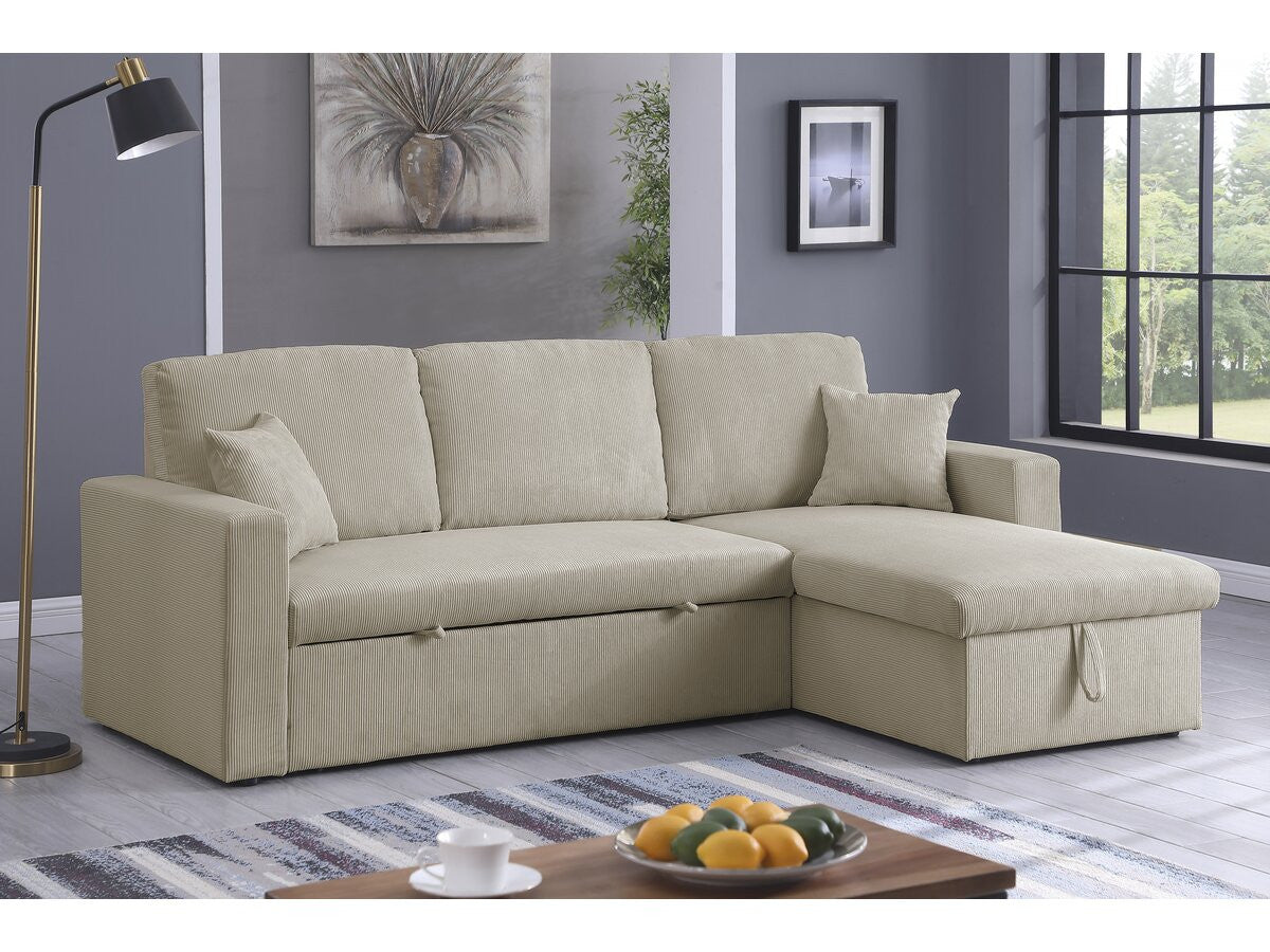 Divano letto angolare in velluto a coste "Alain" - 3 posti - Beige
