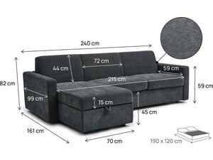 Divano angolare reversibile ed express trasformabile in tessuto "Celia" - 3 posti - Grigio