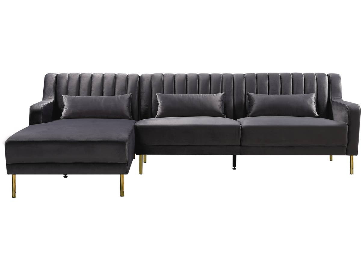 Divano ad angolo in velluto "Oliver" - 187 x 161 x 81 cm - 5 posti a sedere - Grigio - Angolo sinistro