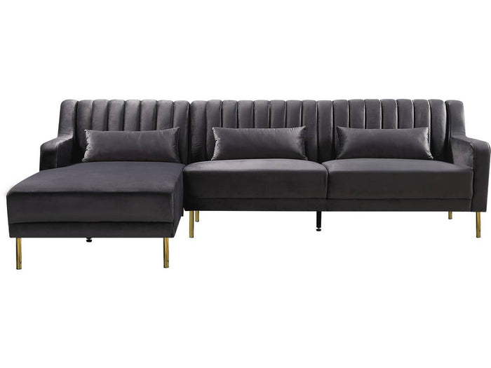 Divano ad angolo in velluto "Oliver" - 187 x 161 x 81 cm - 5 posti a sedere - Grigio - Angolo sinistro