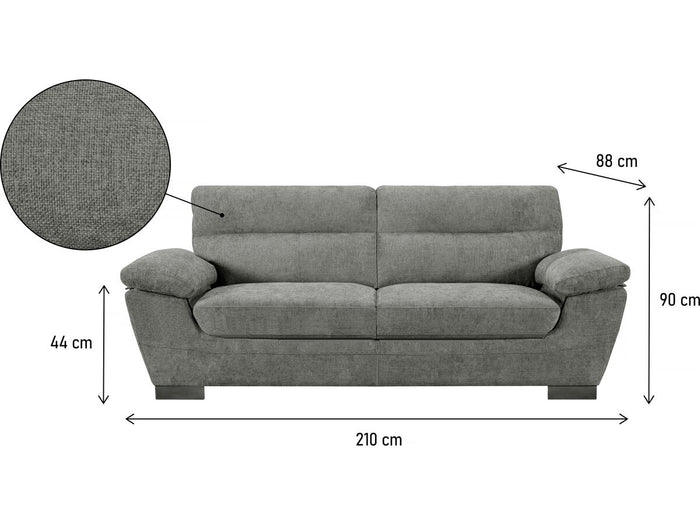Divano fisso in tessuto "Dallas" - 210 X 88 X 90 cm - 3 posti - Grigio