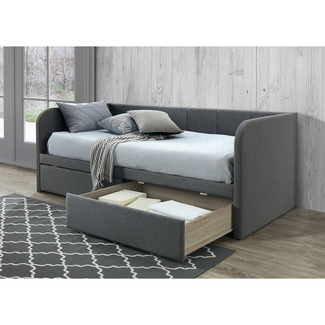 Divano letto con due cassetti collezione ZITO 90x200 cm, colore grigio, rete inclusa.