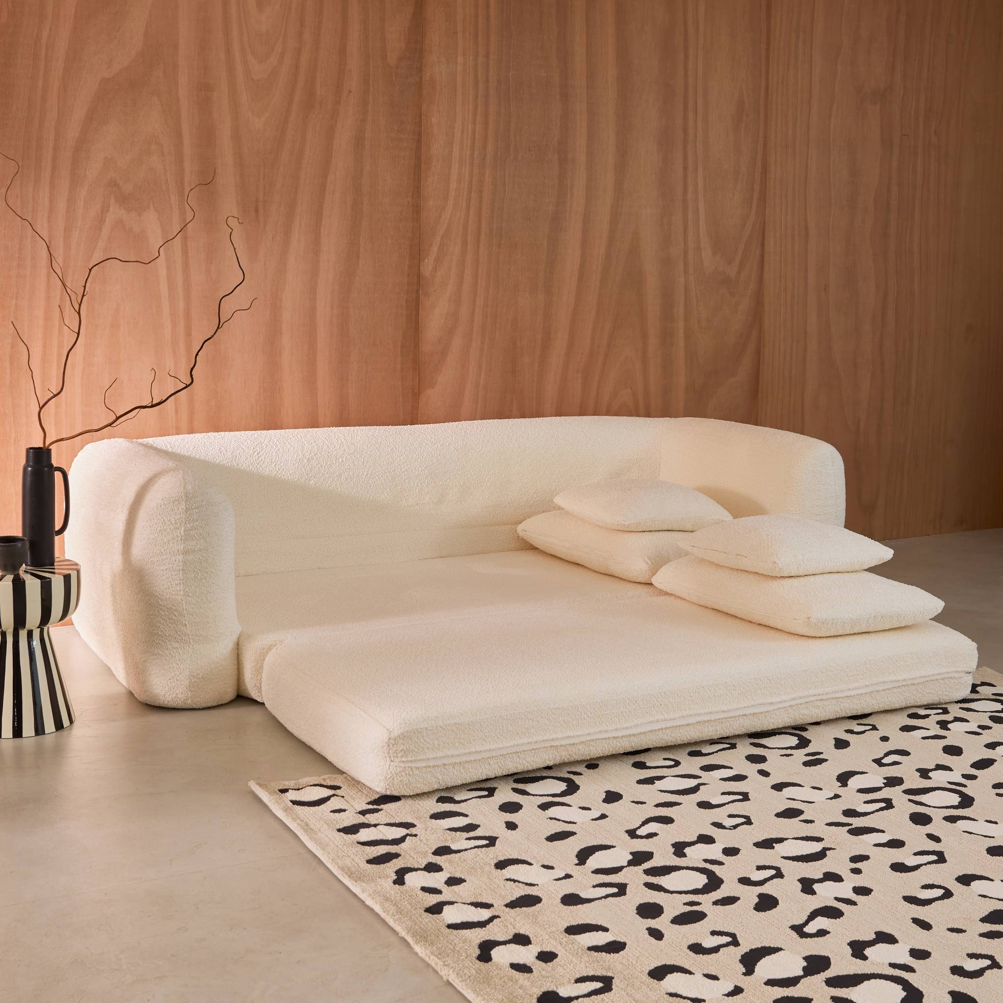 Divano letto 3 posti bouclé testurizzato, bianco sporco