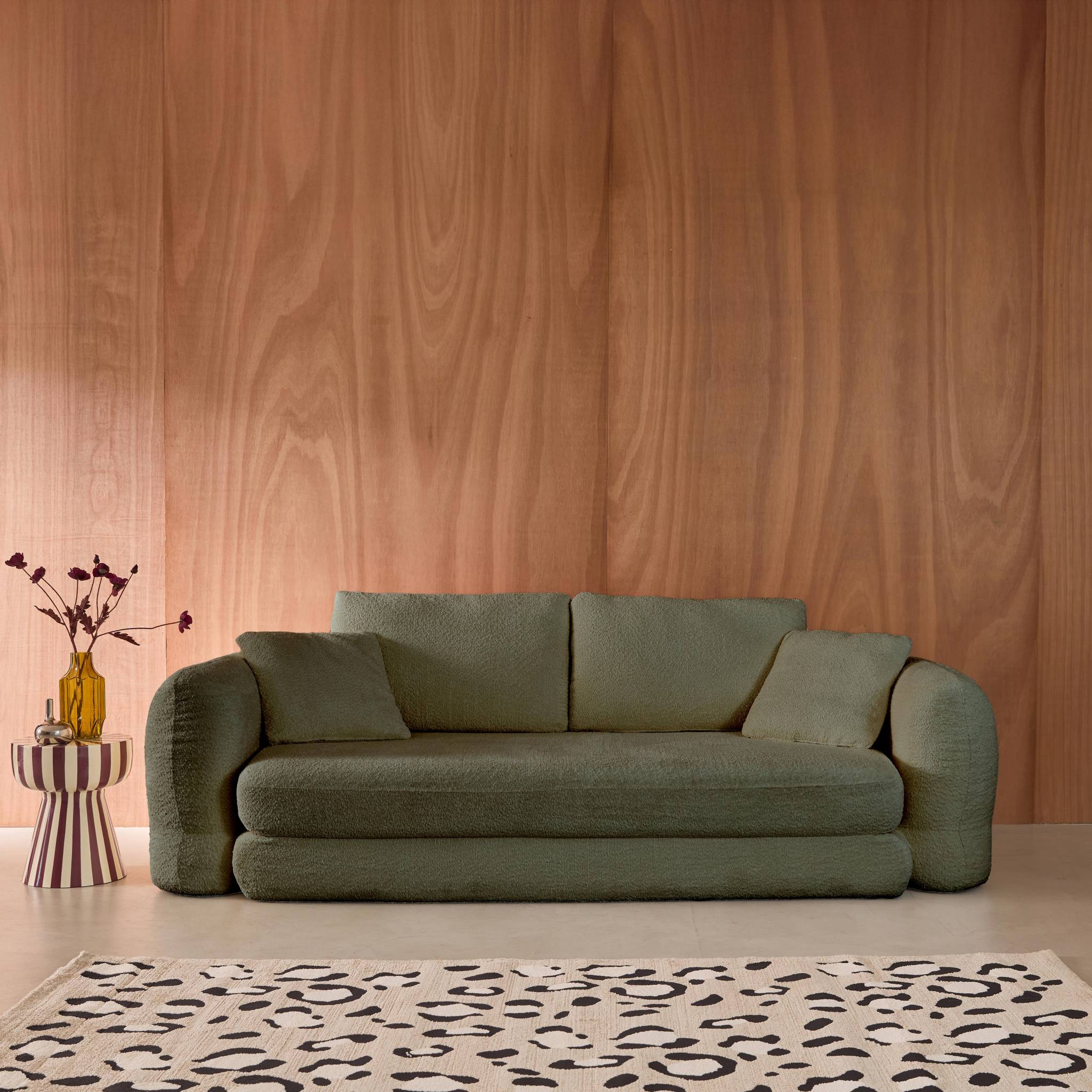 Divano letto 3 posti bouclé testurizzato, verde kaki