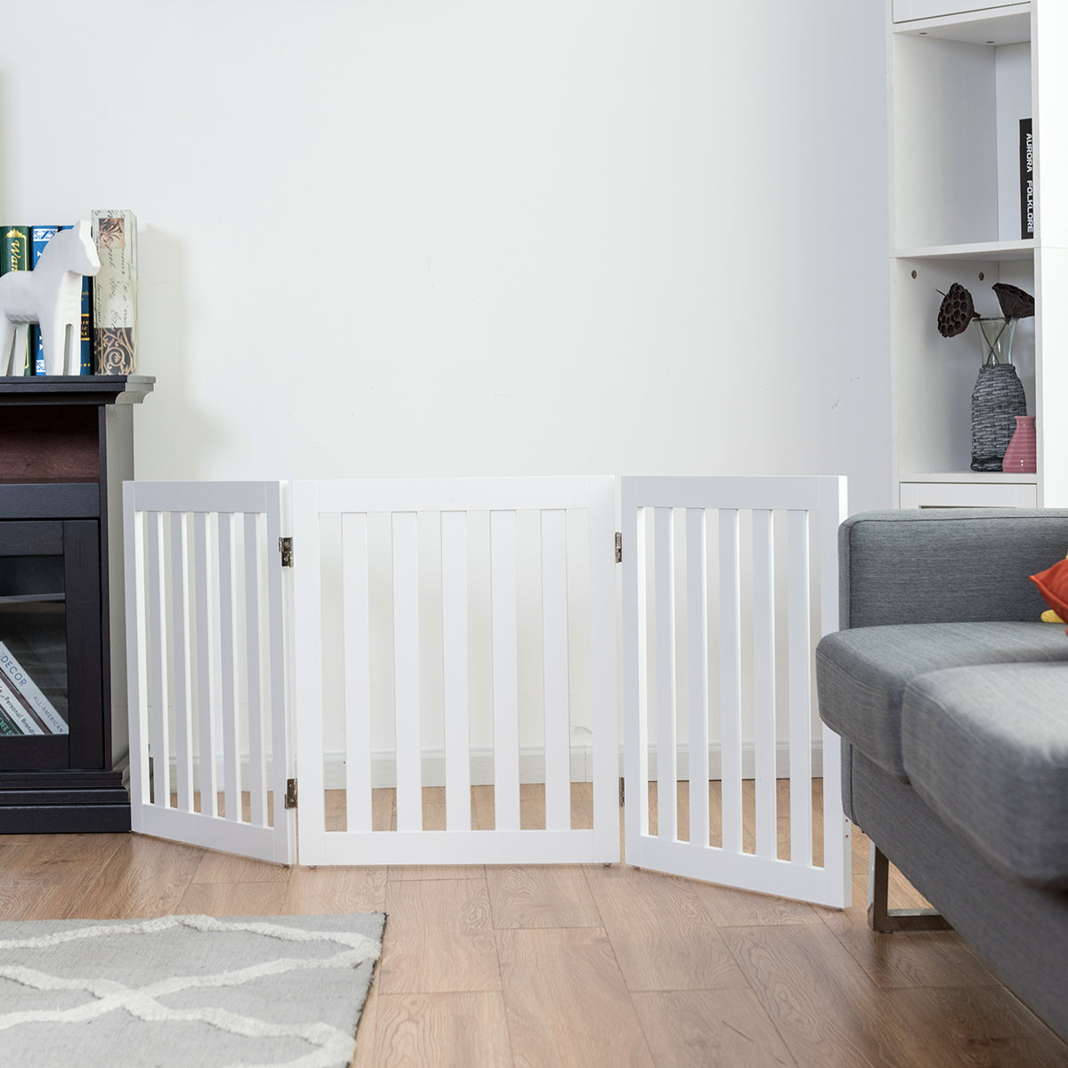 Cancello di legno pieghevole 60cm con 3 pannelli, Barriera per animali con cuscinetti antiscivolo Bianco-Cancelli