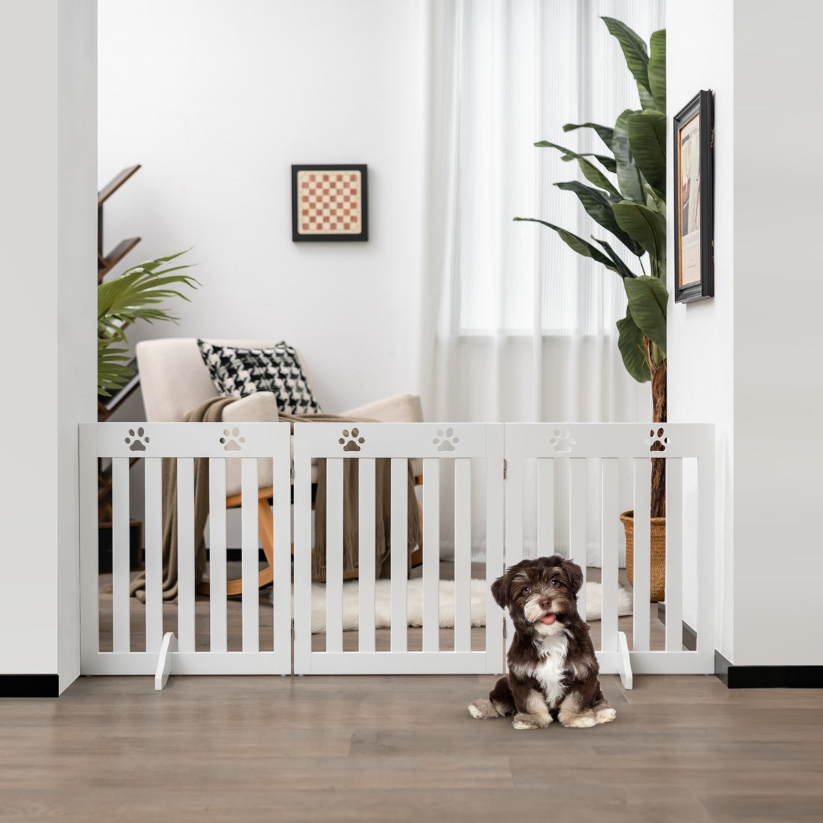 Cancello di legno per animali domestici, Cancello pieghevole con cerniere flessibili a 360¡ã e 3 pannelli, Bianco-Cancelli