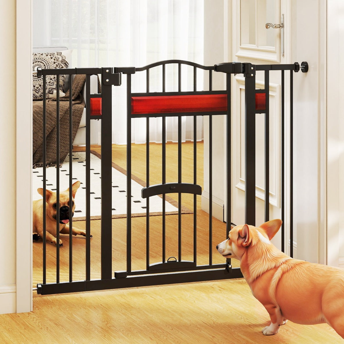 Cancello per animali per aperture da 74 a 104 cm con 2 prolunghe, Cancello per animali installazione senza fori Nero-Cancelli