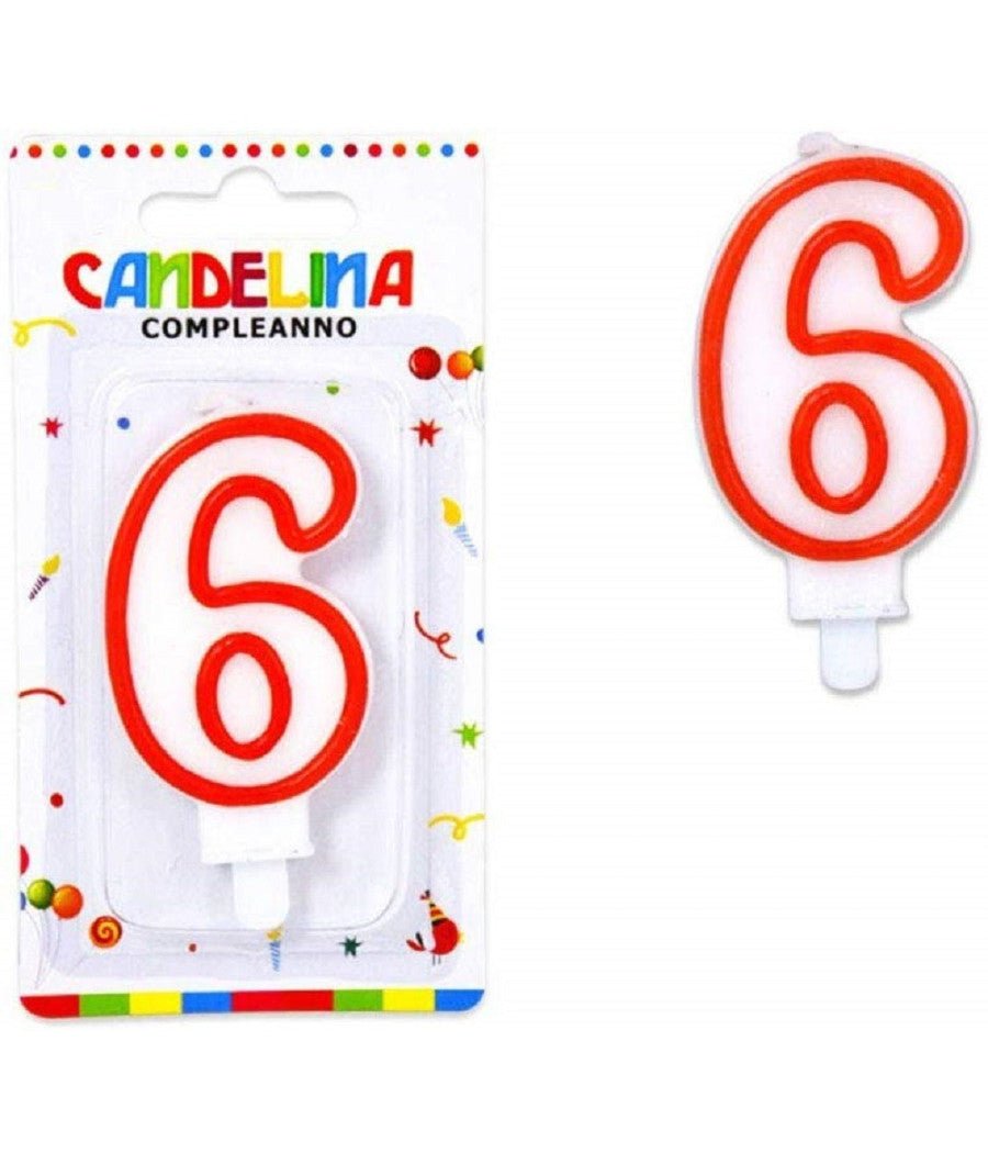 Candelina Candela Numero 6 Compleanno Bianca Bordo Rosso Candeline Torta Party         