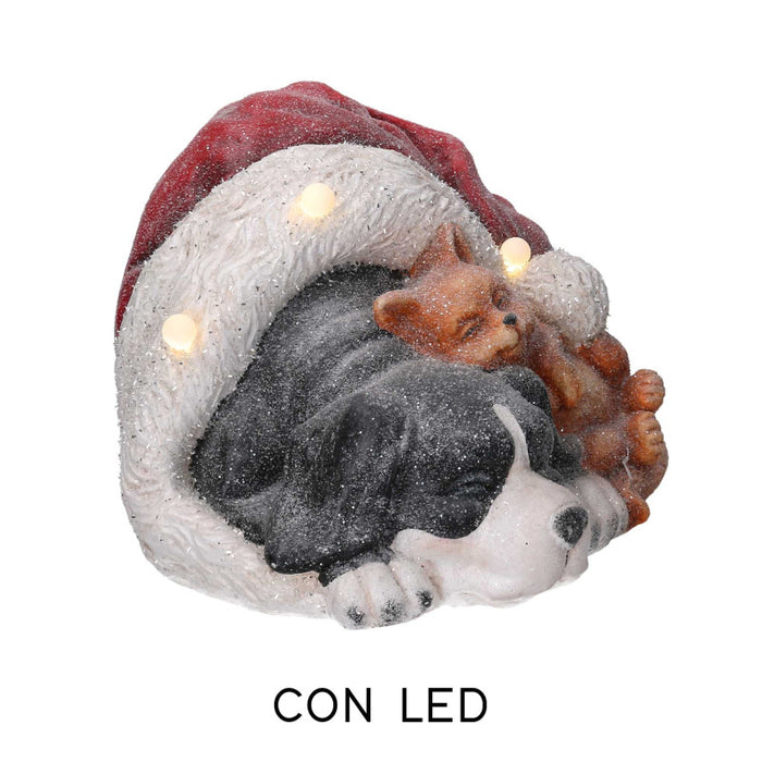 Cane resina nero con gatto, cappello e led cm 35x34h24,6