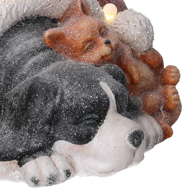 Cane resina nero con gatto, cappello e led cm 35x34h24,6