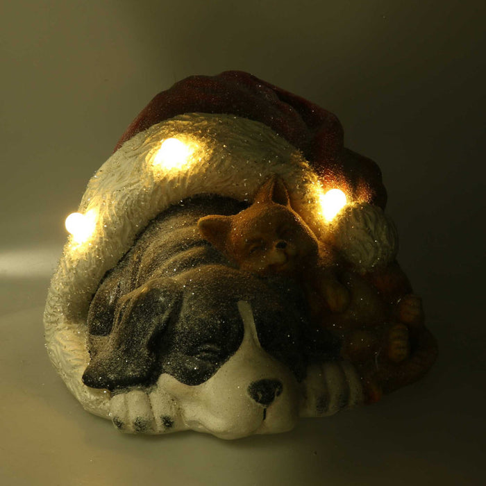 Cane resina nero con gatto, cappello e led cm 35x34h24,6