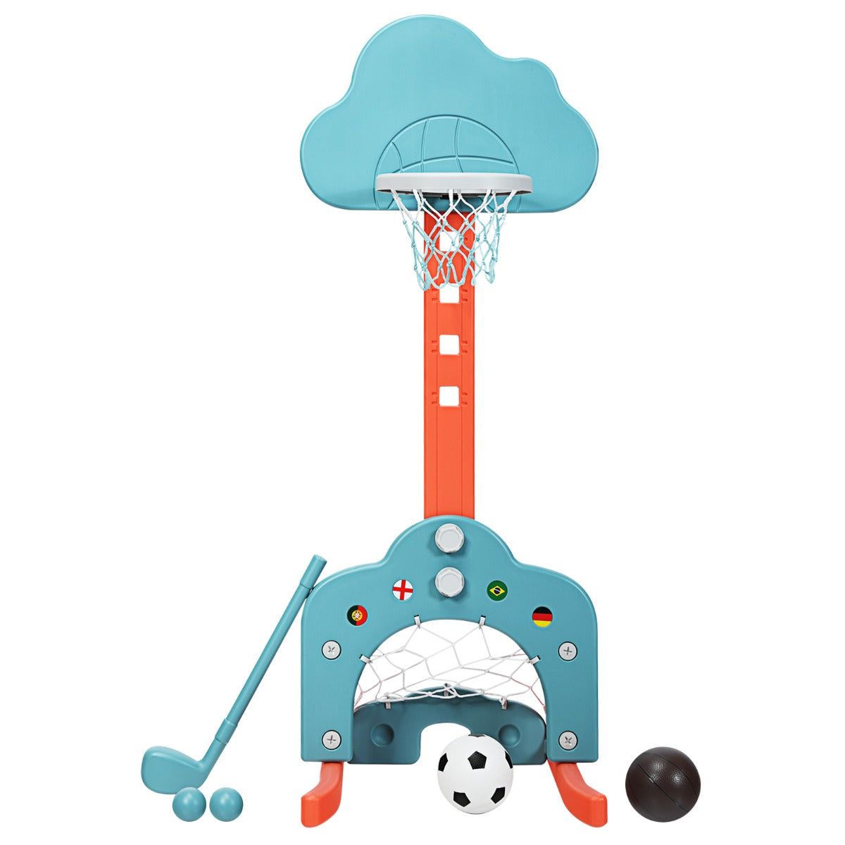 Canestro da basket 3 in 1 con 5 altezze regolabili, Canestro da basket e gioco del golf per bambini Blu e arancione-Giocattoli sportivi