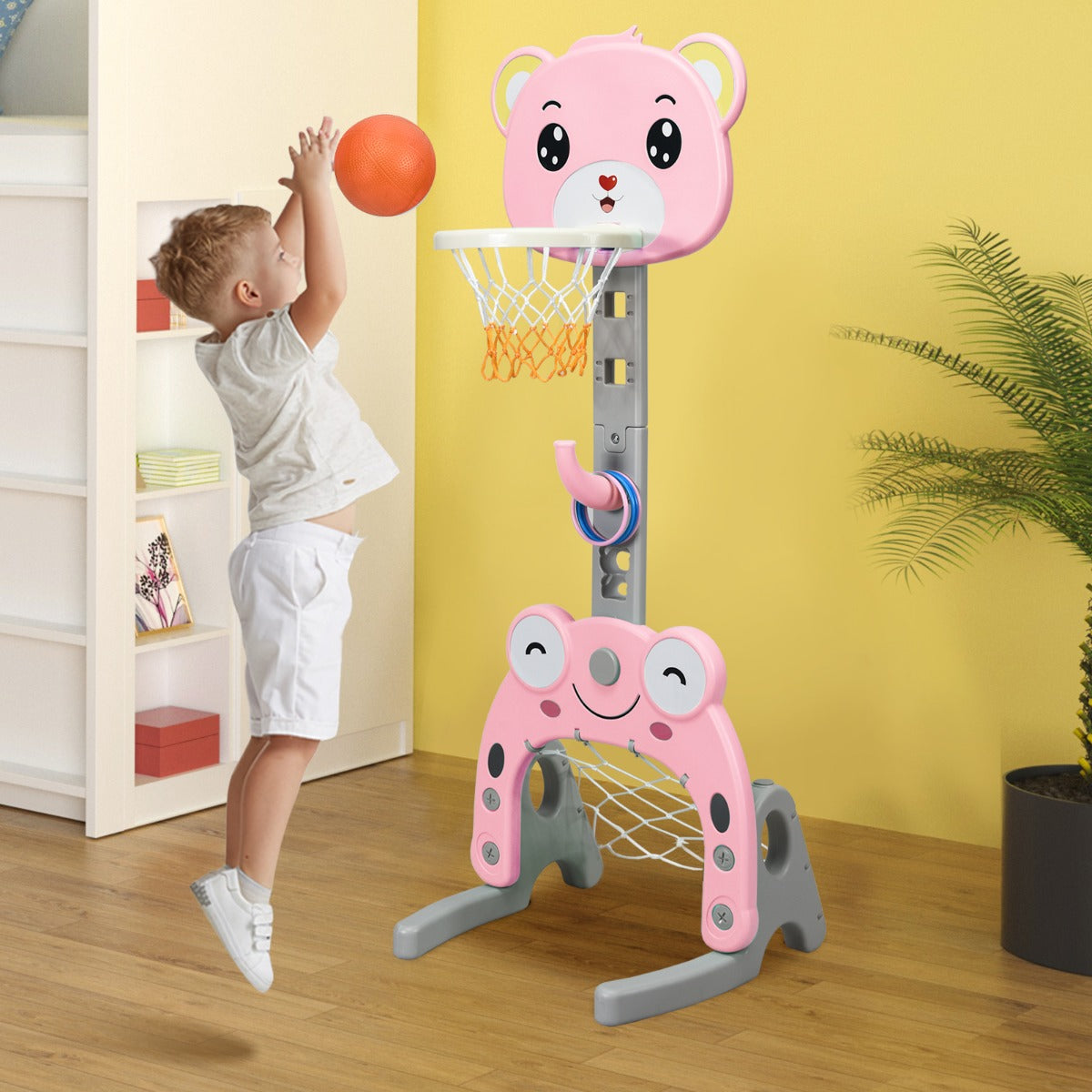 Canestro da basket 3 in 1 per bambini, Canestro da basket con porta da calcio e gioco degli anelli Rosa-Giocattoli sportivi