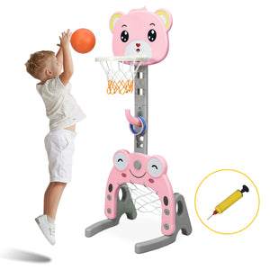 Canestro da basket 3 in 1 per bambini, Canestro da basket con porta da calcio e gioco degli anelli Rosa-Giocattoli sportivi