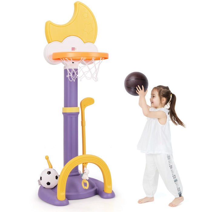 Canestro da basket per bambini regolabile con basket calcio golf, Centro di attivit¨¤ sportiva per interno ed esterno Giallo-Giocattoli sportivi