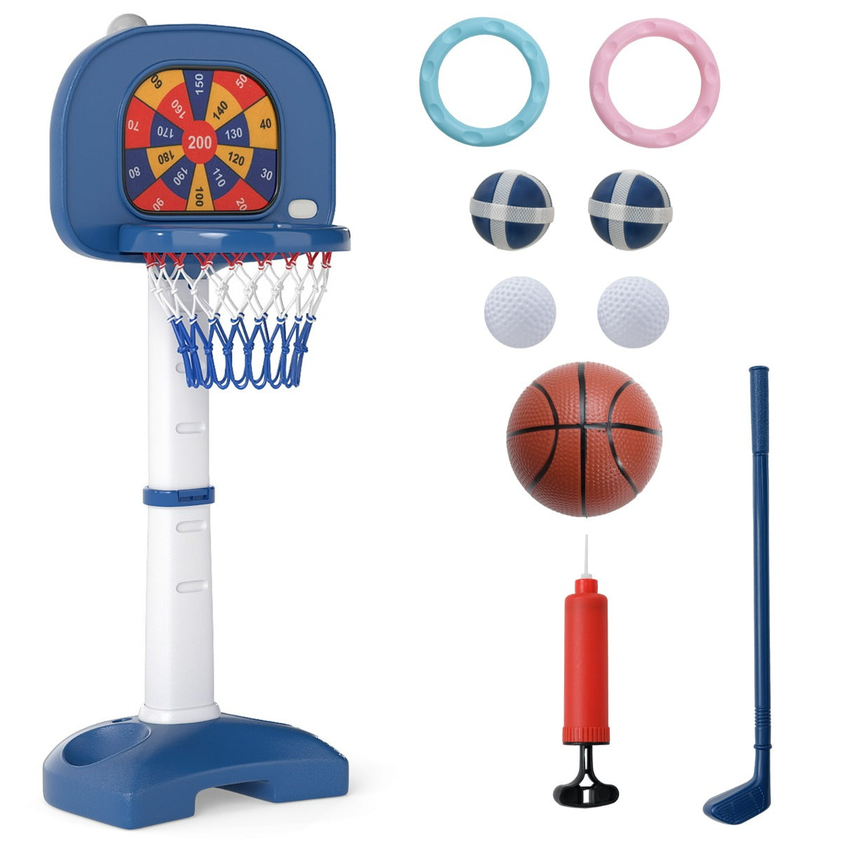 Gioco regolabile con lancio degli anelli per bambini e bambine, Canestro da basket per bambini 4 in 1 Bianco e Blu-Giocattoli sportivi
