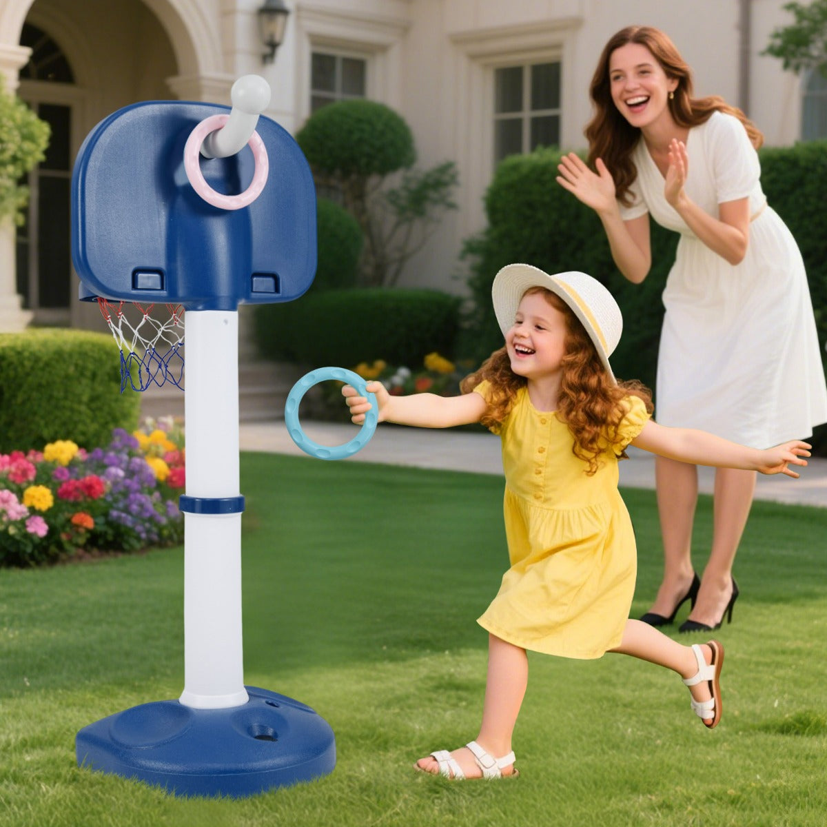 Gioco regolabile con lancio degli anelli per bambini e bambine, Canestro da basket per bambini 4 in 1 Bianco e Blu-Giocattoli sportivi