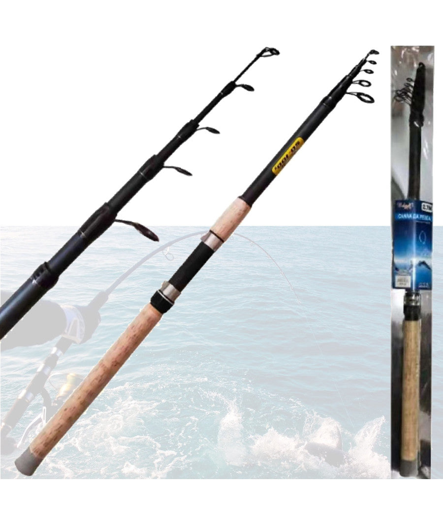 Canna Da Pesca Telescopica Ultra Leggera Manico In Sughero 2,4 Mt Spinning Mare         