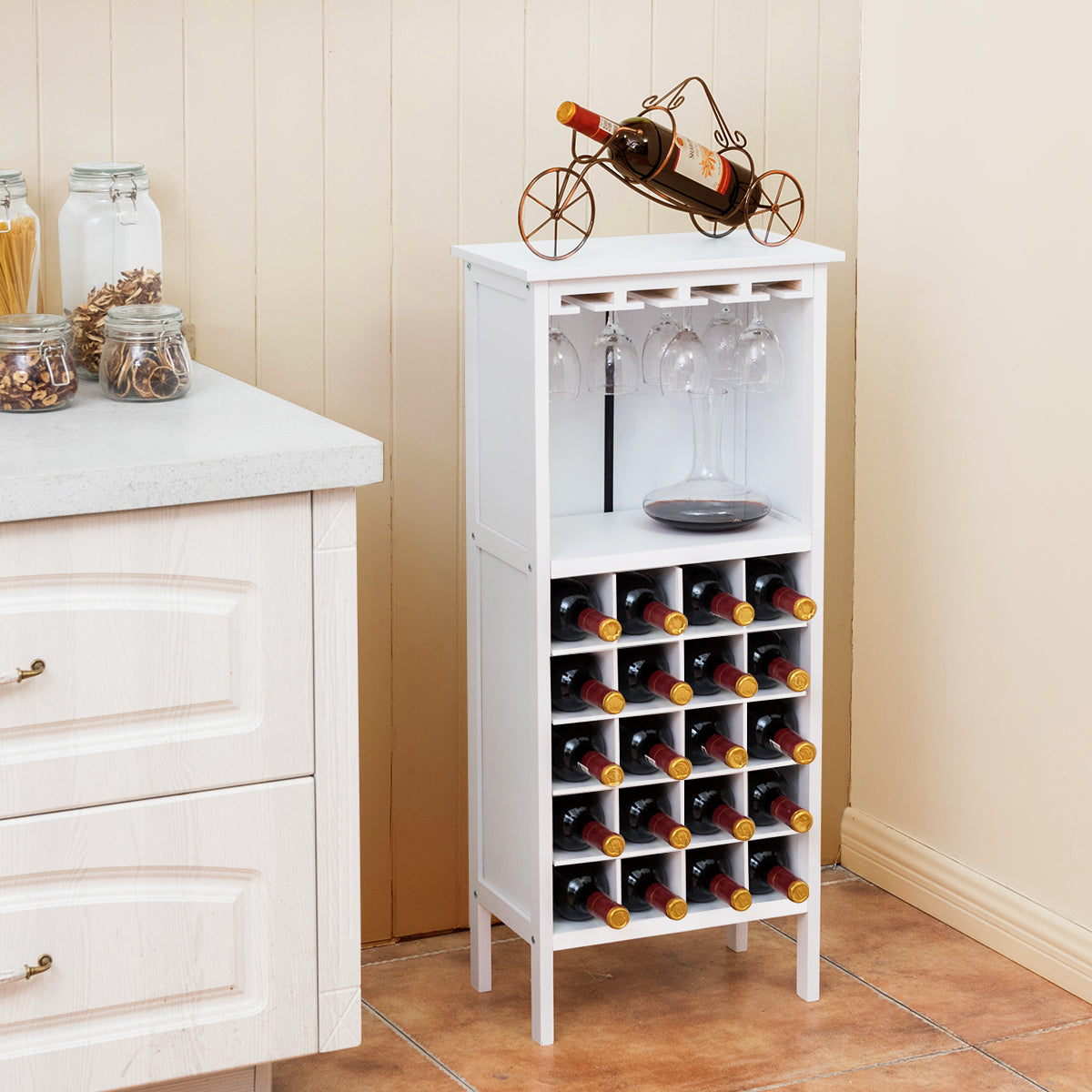 Cantinetta portabottiglie in legno, Scaffale di vino con porta calici per 20 bottiglie-Buffet-Armadio da cucina 42x24,5x96cm Bianco