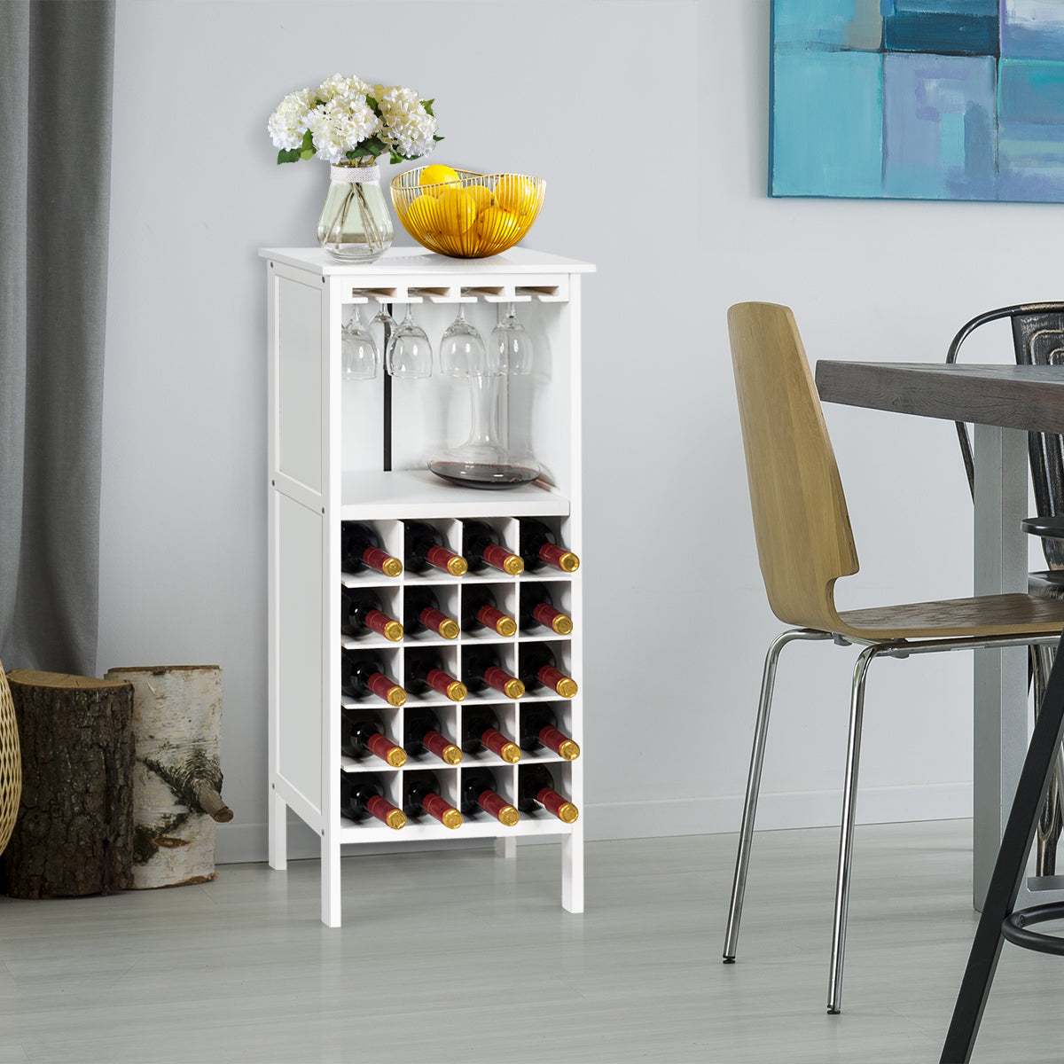 Cantinetta portabottiglie in legno, Scaffale di vino con porta calici per 20 bottiglie-Buffet-Armadio da cucina 42x24,5x96cm Bianco