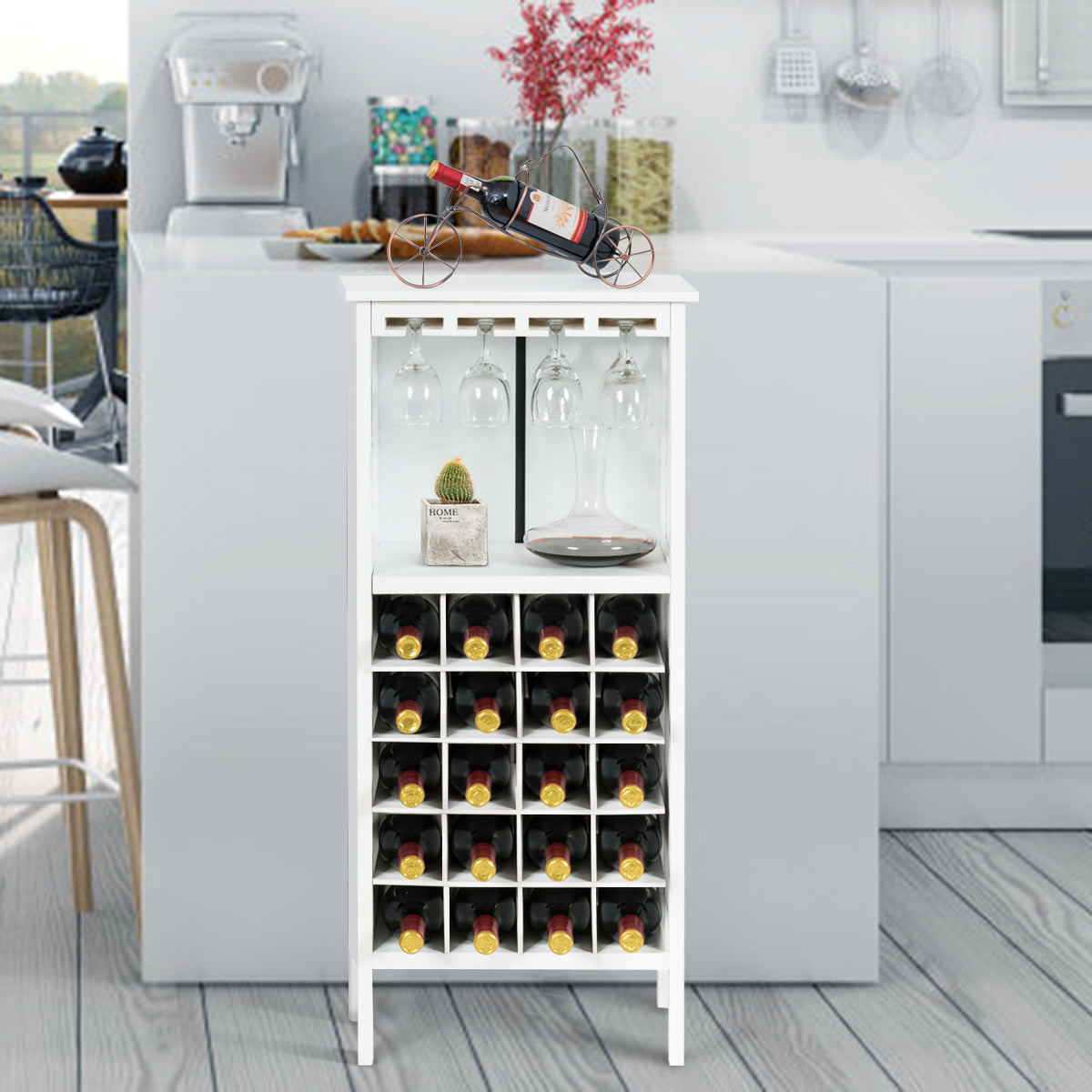 Cantinetta portabottiglie in legno, Scaffale di vino con porta calici per 20 bottiglie-Buffet-Armadio da cucina 42x24,5x96cm Bianco