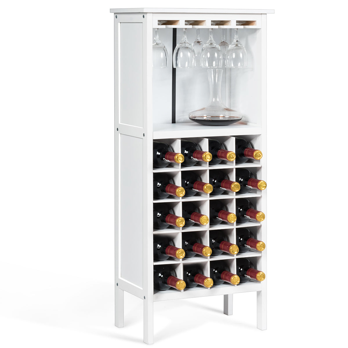 Cantinetta portabottiglie in legno, Scaffale di vino con porta calici per 20 bottiglie-Buffet-Armadio da cucina 42x24,5x96cm Bianco