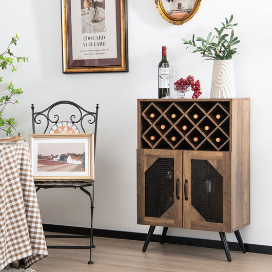 Cantinetta vino industriale con portabottiglie rimovibile-Buffet-Armadio da cucina Credenza da cucina con 2 ante in rete Marrone rustico
