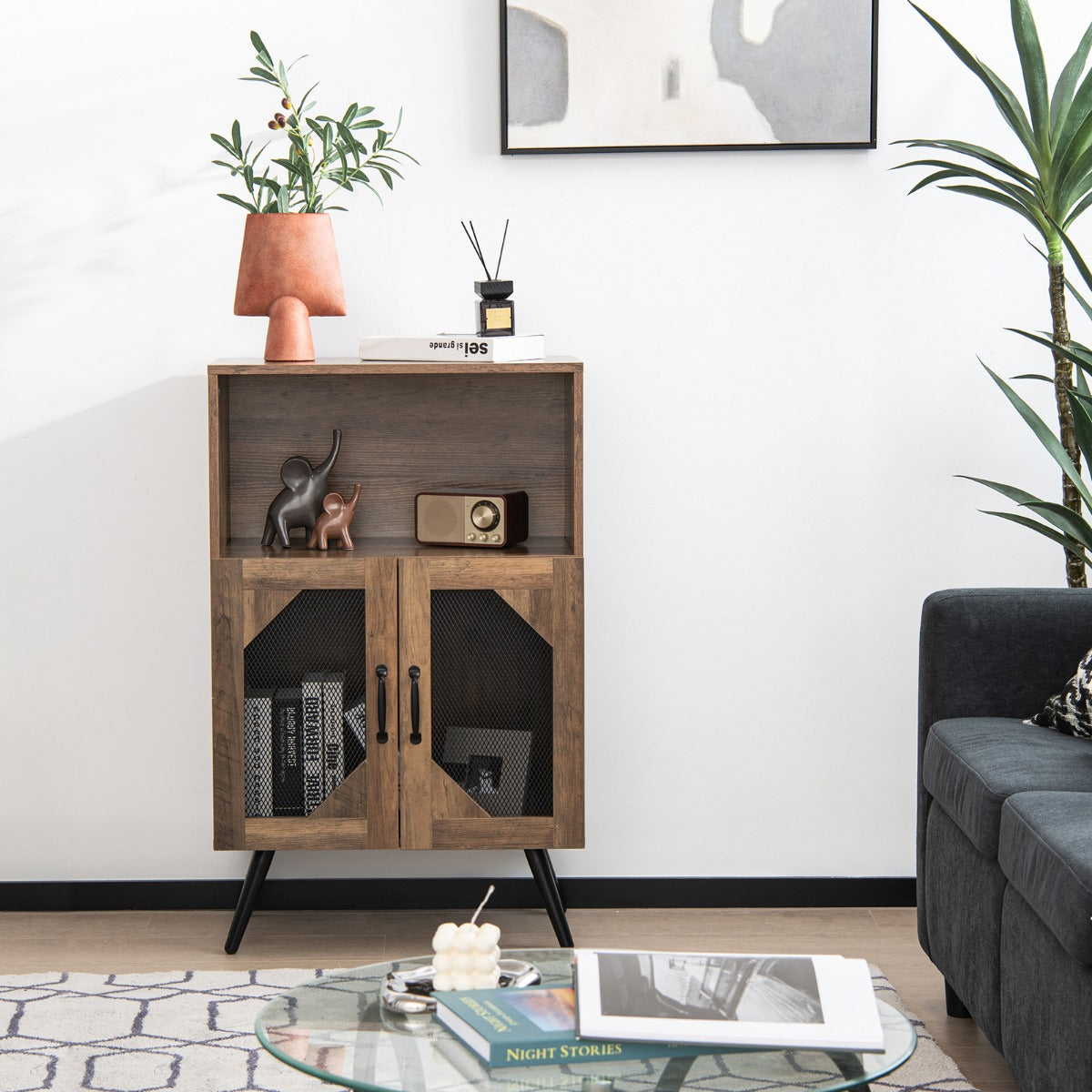 Cantinetta vino industriale con portabottiglie rimovibile-Buffet-Armadio da cucina Credenza da cucina con 2 ante in rete Marrone rustico