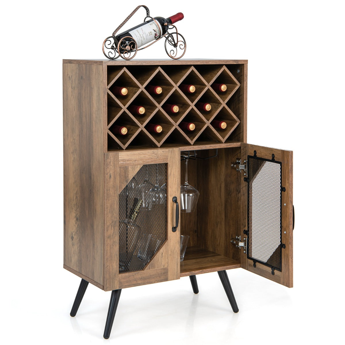 Cantinetta vino industriale con portabottiglie rimovibile-Buffet-Armadio da cucina Credenza da cucina con 2 ante in rete Marrone rustico