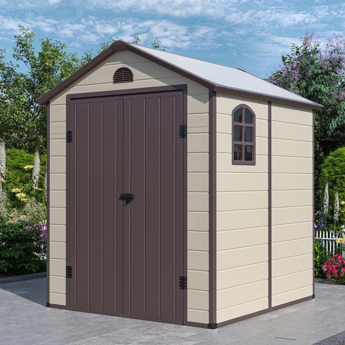 Capanno degli attrezzi da esterno con sfiati finestra porta con cerniera, Capanno galvanizzato da giardino Beige-Casette da giardino