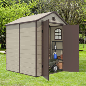 Capanno degli attrezzi da esterno con sfiati finestra porta con cerniera, Capanno galvanizzato da giardino Beige-Casette da giardino