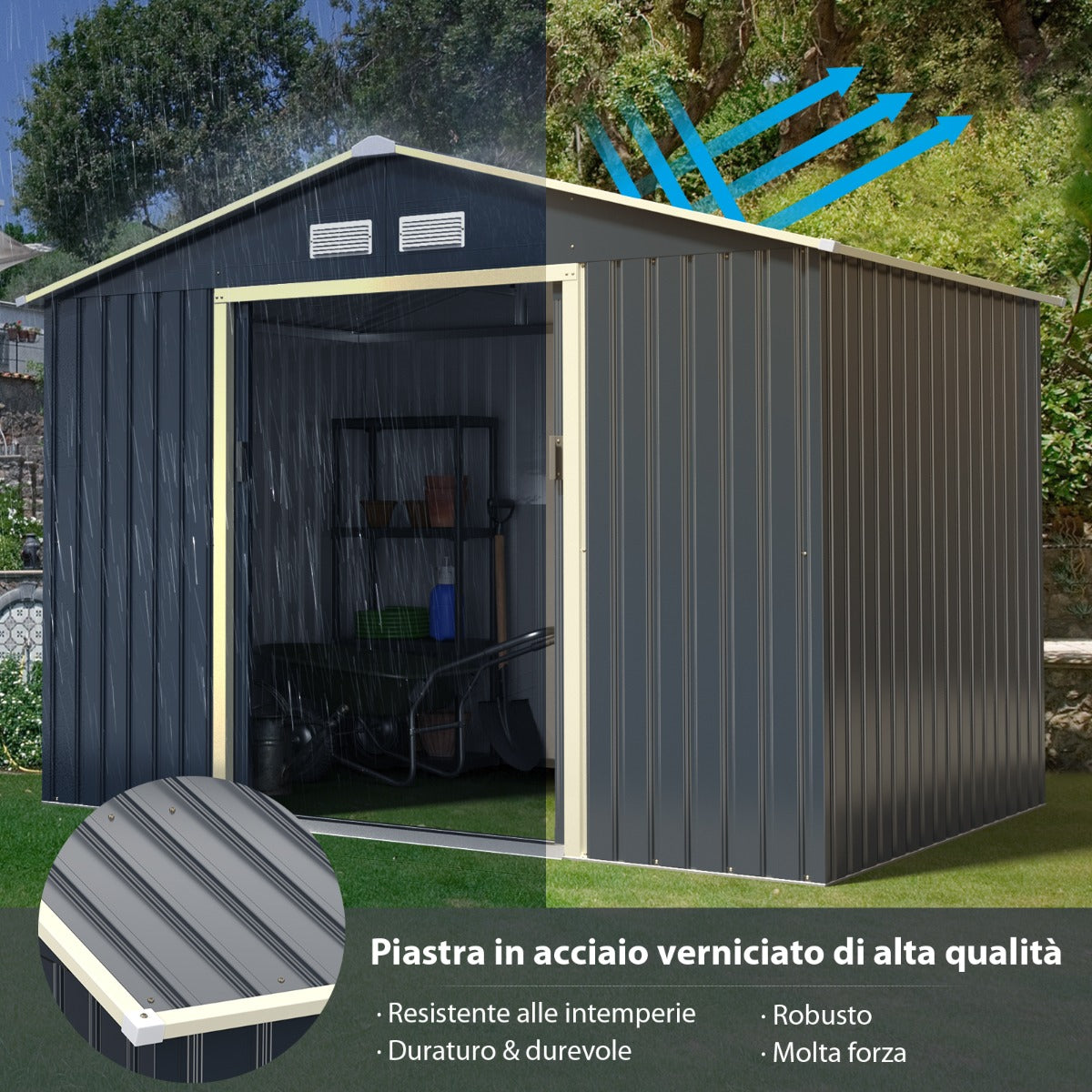 Capanno degli attrezzi di metallo con 4 sfiati e ante singole scorrevoli, Casetta da giardino 277x191x202cm-Casette da giardino