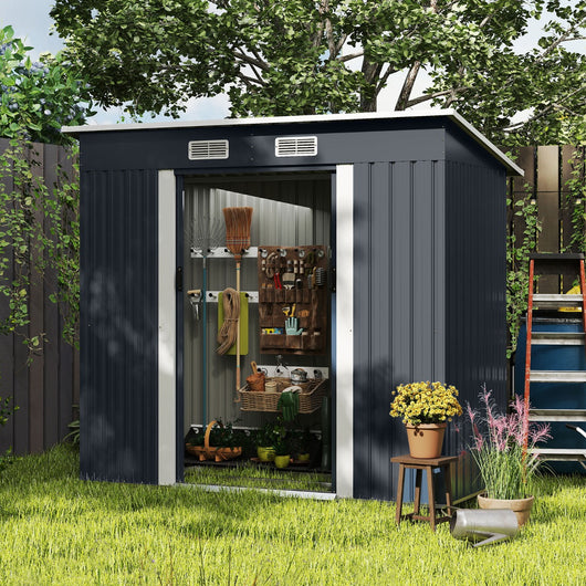 Capanno per attrezzi esterno organizzatore attrezzi con tetto inclinato-Capanno da giardino esterno porta scorrevole e prese d'aria Grigio scuro