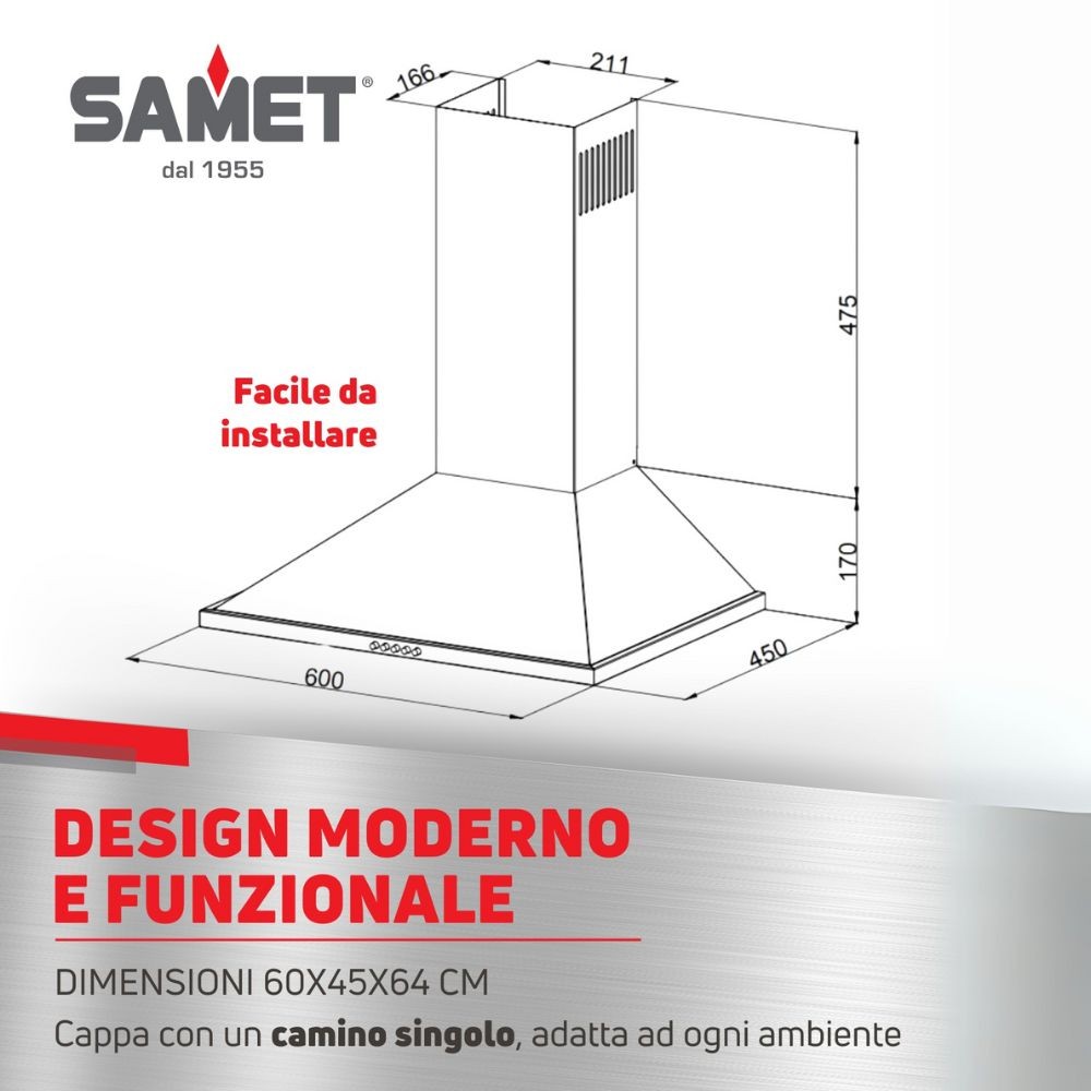 Cappa a piramide 60 cm Eolo60 Samet colore nero