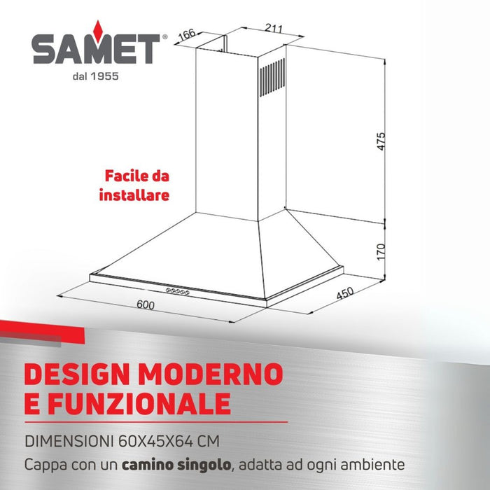 Cappa a piramide 60 cm Eolo60 Samet colore nero