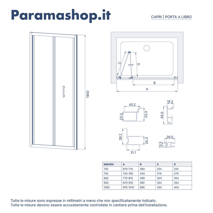 Porta doccia 90 cm apertura a libro vetro opaco | Capri