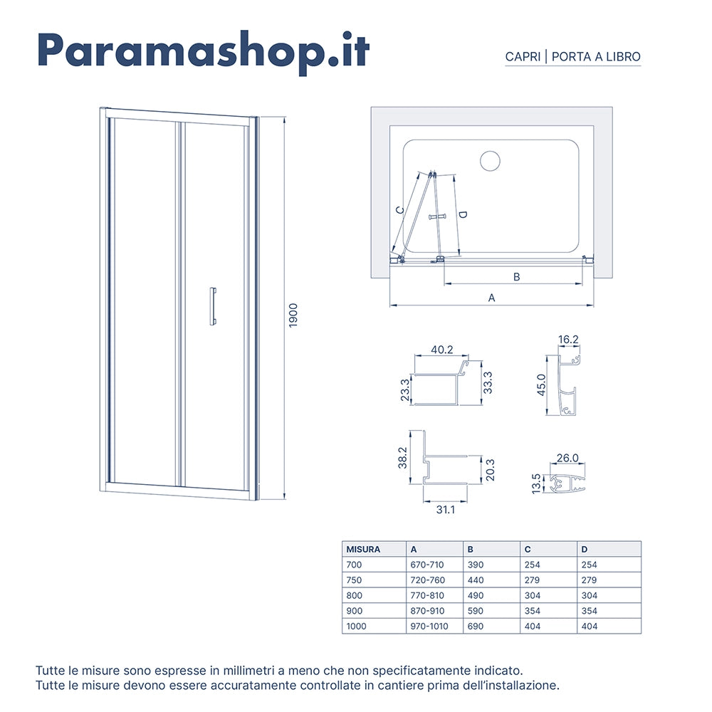 Porta doccia 90 cm profili nero opaco apertura a libro vetro trasparente | Capri