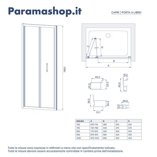 Porta doccia 80 cm apertura a libro vetro trasparente | Capri