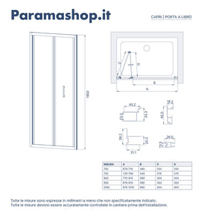 Porta doccia 70 cm apertura a libro vetro trasparente | Capri