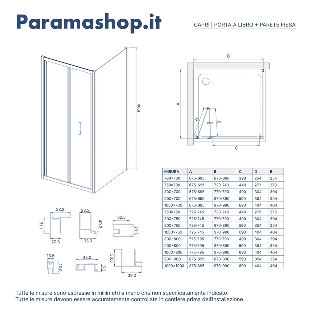 Box doccia 90x90 cm angolare apertura a libro vetro 6mm opaco | Capri