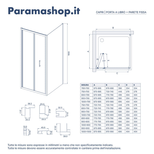 Box doccia 90x90 cm angolare apertura a libro vetro 6mm opaco | Capri