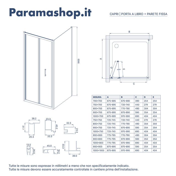 Box doccia 80x90 cm angolare apertura a libro vetro 6mm opaco | Capri