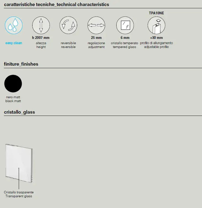 Parete Walk In Profili Neri H200 Anticalcare 6mm Trasparente - 65 cm