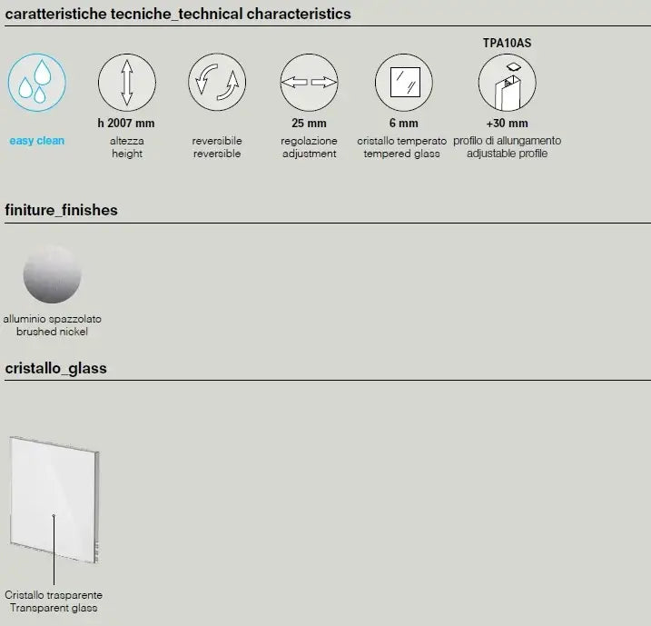 Parete Walk In Alluminio Spazzolato H200 Anticalcare 6mm Trasparente - 75 cm